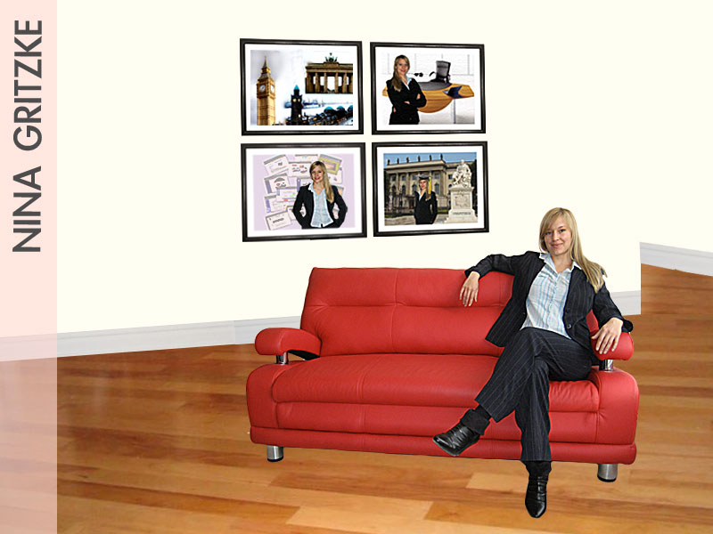 Nina Gritzke sitting on red sofa gallery of achievements in the background and a welcome speaking bubble: please sit down and I'll show you more about myself